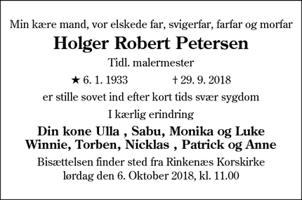 Dødsannoncen for Holger Robert Petersen - Gråsten