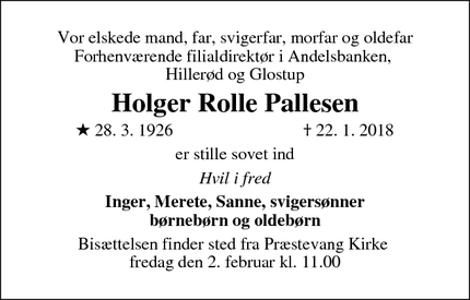 Dødsannoncen for Holger Rolle Pallesen - Hillerød