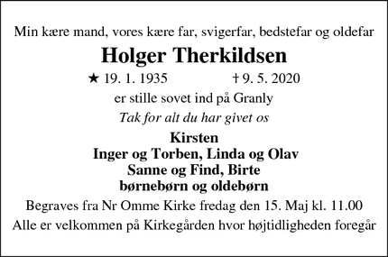 Dødsannoncen for Holger Therkildsen - Spjald