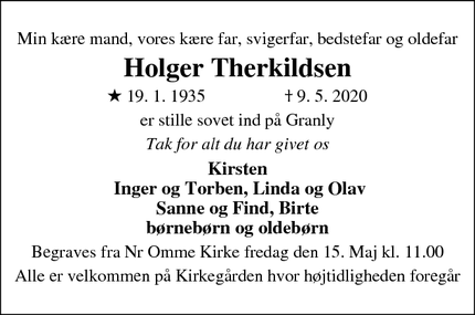 Dødsannoncen for Holger Therkildsen - Spjald