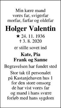 Dødsannoncen for Holger Valentin - Jyllinge