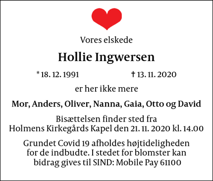Dødsannoncen for Hollie Ingwersen - København
