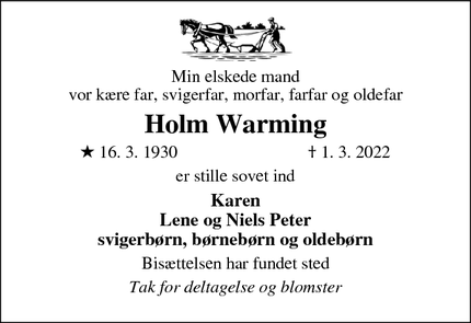 Dødsannoncen for Holm Warming - Sall 8450 Hammel 