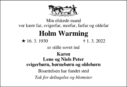 Dødsannoncen for Holm Warming - Sall 8450 Hammel 