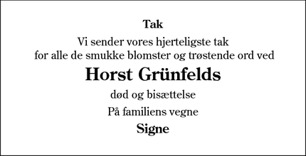 Dødsannoncen for Horst Grünfelds - Augustenborg