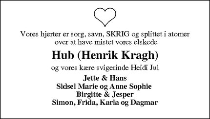 Dødsannoncen for Hub (Henrik Kragh) - Aabenraa