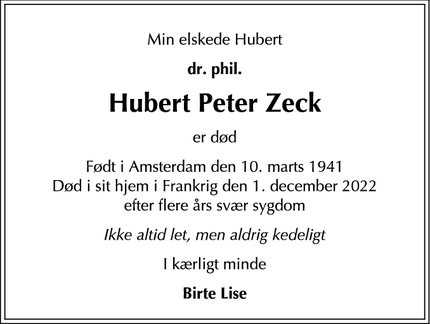 Dødsannoncen for Hubert Peter Zeck - København