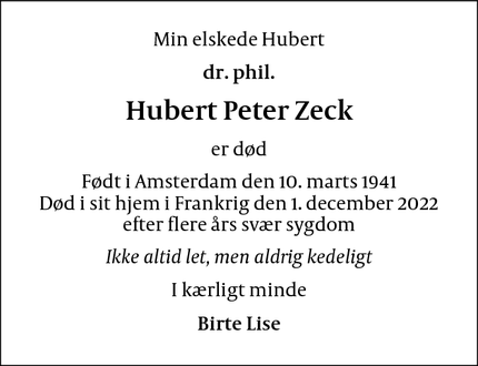 Dødsannoncen for Hubert Peter Zeck - København