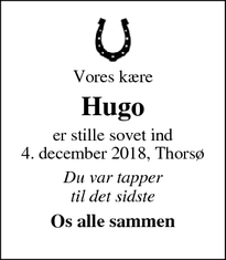 Dødsannoncen for Hugo - Thorsø, Danmark