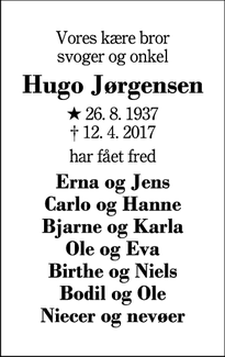 Dødsannoncen for Hugo Jørgensen - Herning