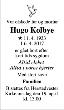 Dødsannoncen for Hugo Kolbye - Glostrup
