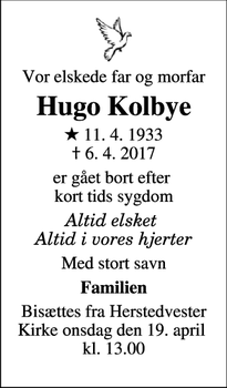 Dødsannoncen for Hugo Kolbye - Glostrup