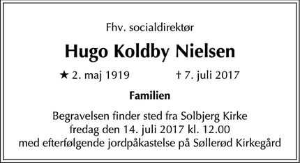 Dødsannoncen for Hugo Koldby Nielsen - Frederiksberg