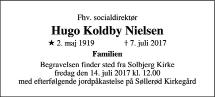 Dødsannoncen for Hugo Koldby Nielsen - Frederiksberg