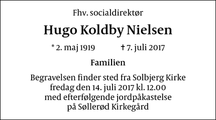 Dødsannoncen for Hugo Koldby Nielsen - Frederiksberg