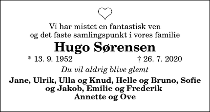 Dødsannoncen for Hugo Sørensen  - Brønderslev