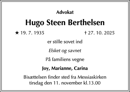 Dødsannoncen for Hugo Steen Berthelsen - Charlottenlund