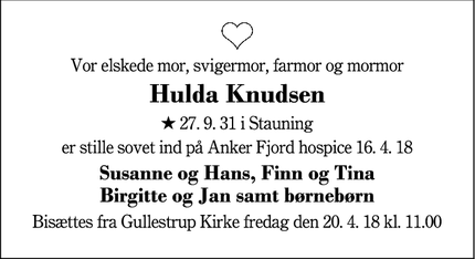 Dødsannoncen for Hulda Knudsen - Herning