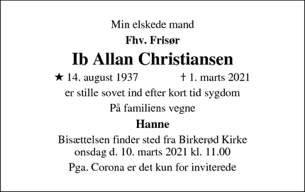 Dødsannoncen for Ib Allan Christiansen - Birkerød