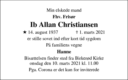 Dødsannoncen for Ib Allan Christiansen - Birkerød