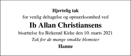 Dødsannoncen for Ib Allan Christiansens - Birkerød