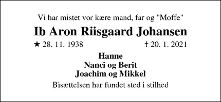 Dødsannoncen for Ib Aron Riisgaard Johansen - Herfølge