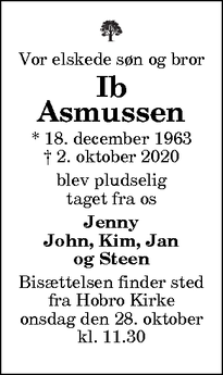 Dødsannoncen for Ib
Asmussen - Hobro