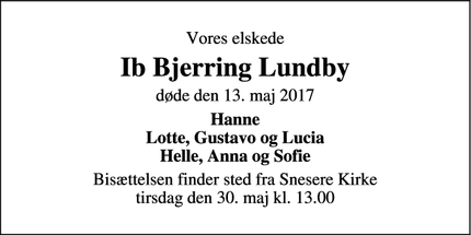 Dødsannoncen for Ib Bjerring Lundby - Tappernøje