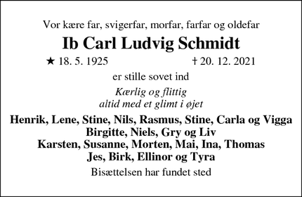 Dødsannoncen for Ib Carl Ludvig Schmidt - ukendt