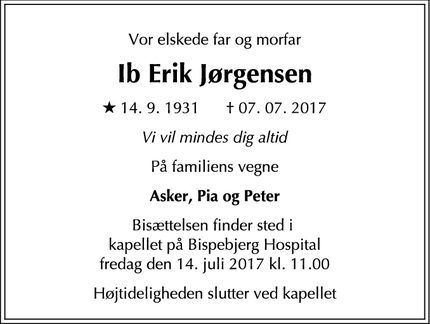 Dødsannoncen for Ib Erik Jørgensen - Frederiksberg