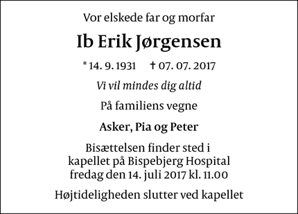 Dødsannoncen for Ib Erik Jørgensen - Frederiksberg