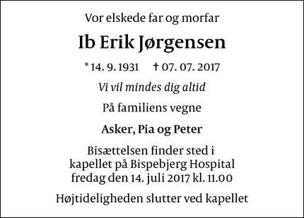 Dødsannoncen for Ib Erik Jørgensen - Frederiksberg
