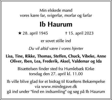 Dødsannoncen for Ib Haurum - Valby