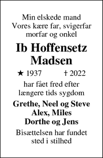 Dødsannoncen for Ib Hoffensetz
Madsen - Nyk Sj