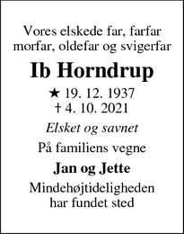 Dødsannoncen for Ib Horndrup - Tranbjerg 