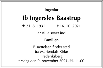 Dødsannoncen for Ib Ingerslev Baastrup - Bagsværd