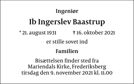 Dødsannoncen for Ib Ingerslev Baastrup - Bagsværd