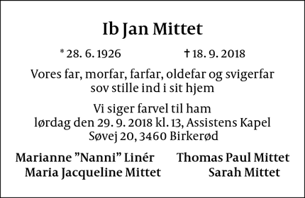 Dødsannoncen for Ib Jan Mittet - vides ikke