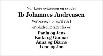 Dødsannoncen for Ib Johannes Andreasen - Vorbasse