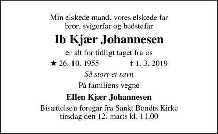 Dødsannoncen for Ib Kjær Johannesen - Ringsted