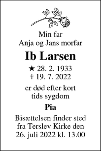 Dødsannoncen for Ib Larsen - Haslev