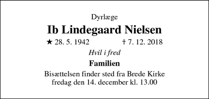 Dødsannoncen for Ib Lindegaard Nielsen - Bredebro
