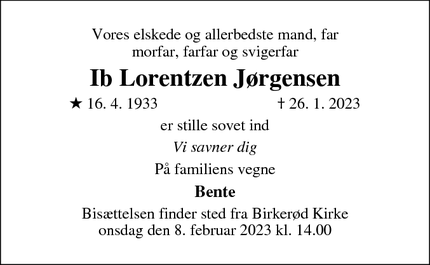 Dødsannoncen for Ib Lorentzen Jørgensen - birkerød