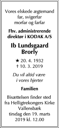 Dødsannoncen for Ib Lundsgaard Brorly - Vallensbæk