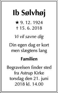 Dødsannoncen for Ib Sølvhøj - Astrup, Arden