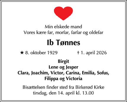 Dødsannoncen for Ib T&oslash;nnes - Birkerød