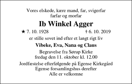Dødsannoncen for Ib Winkel Agger - svendborg