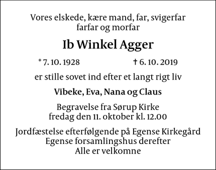 Dødsannoncen for Ib Winkel Agger - svendborg