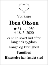 Dødsannoncen for Iben Olsson - Frederiksværk