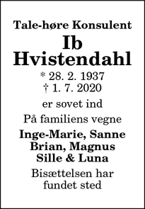 Dødsannoncen for Ib
Hvistendahl - Dronninglund